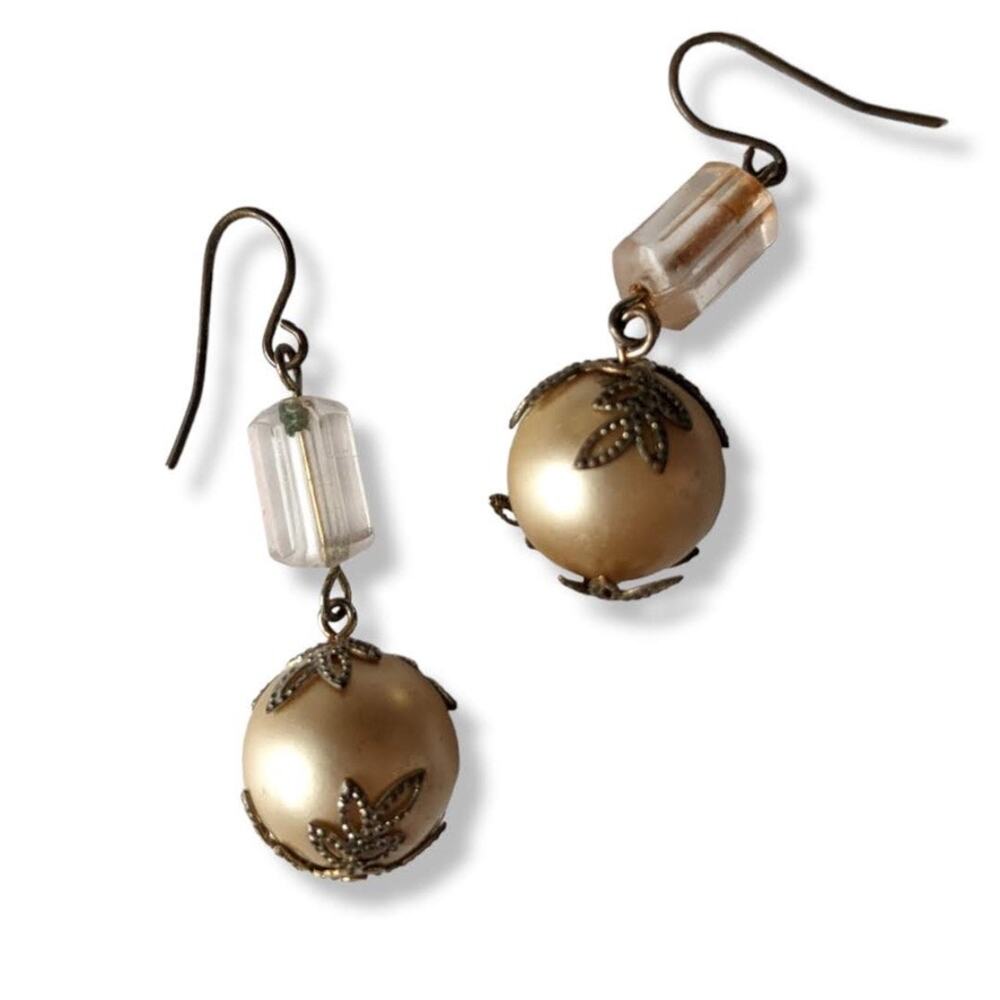 Antiqued large champagne faux pearl dangle earrings